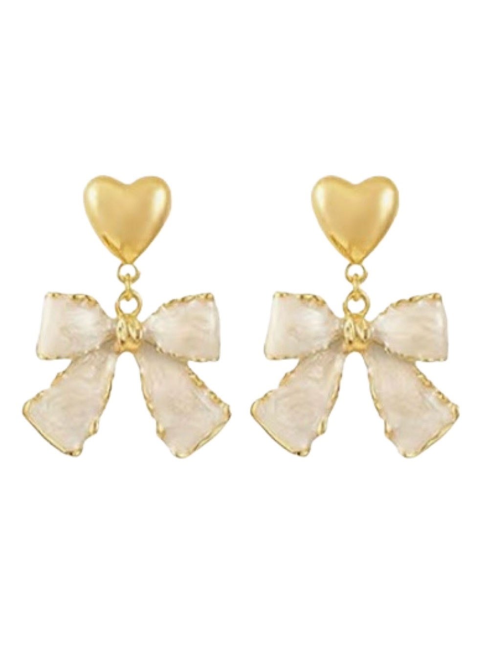 Gold Heart & Cream Bow Drop Earrings - Women Jewelry